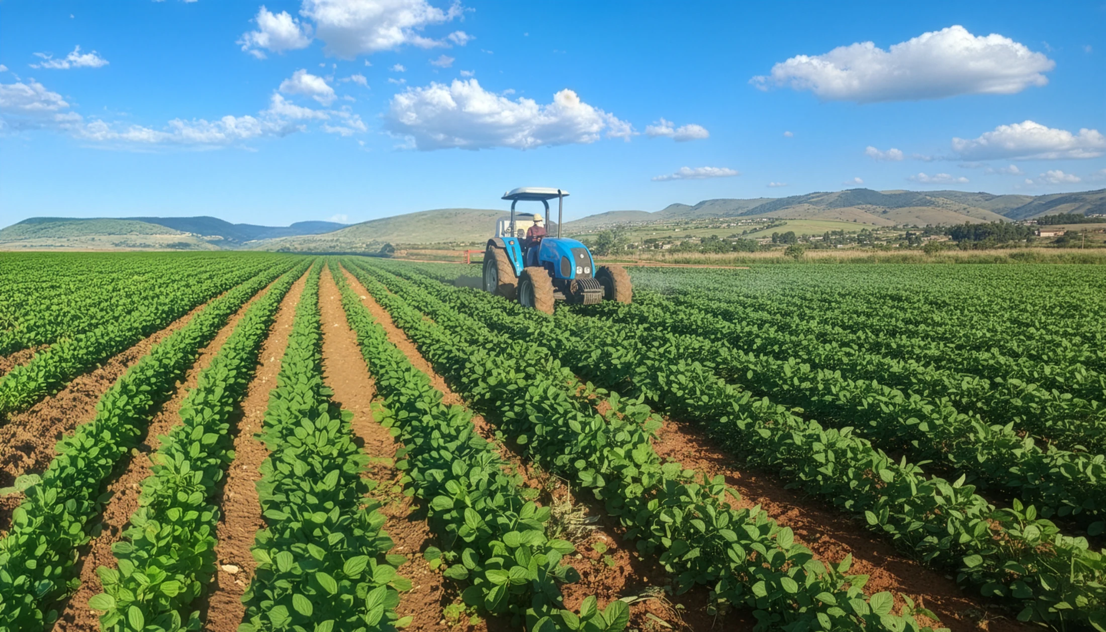 Tractor in rows of green soybean fields beneath a blue sky